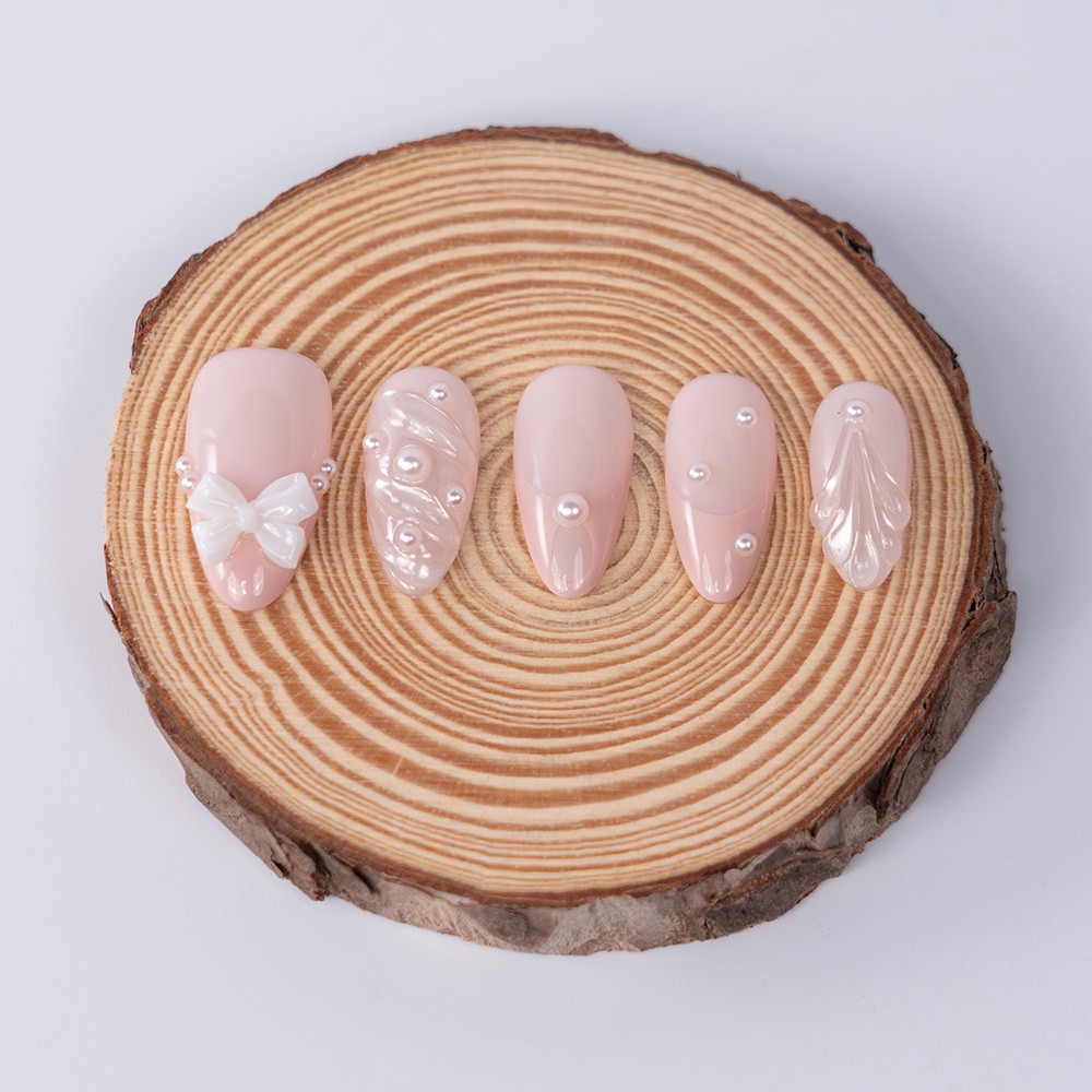 Handmade High Quality Almond Press On Nails Light Pink Pearl Bow Fake Nails S-L