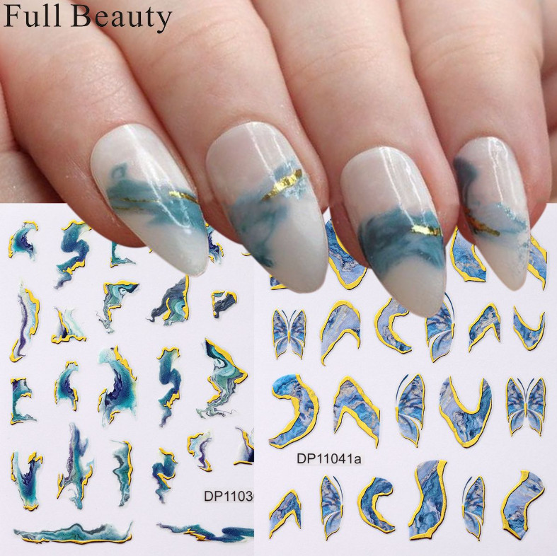 4 Sheets 3D Marble Nail Art Wraps Gold Swirl Stripe Stickers Self Adhesive NS2