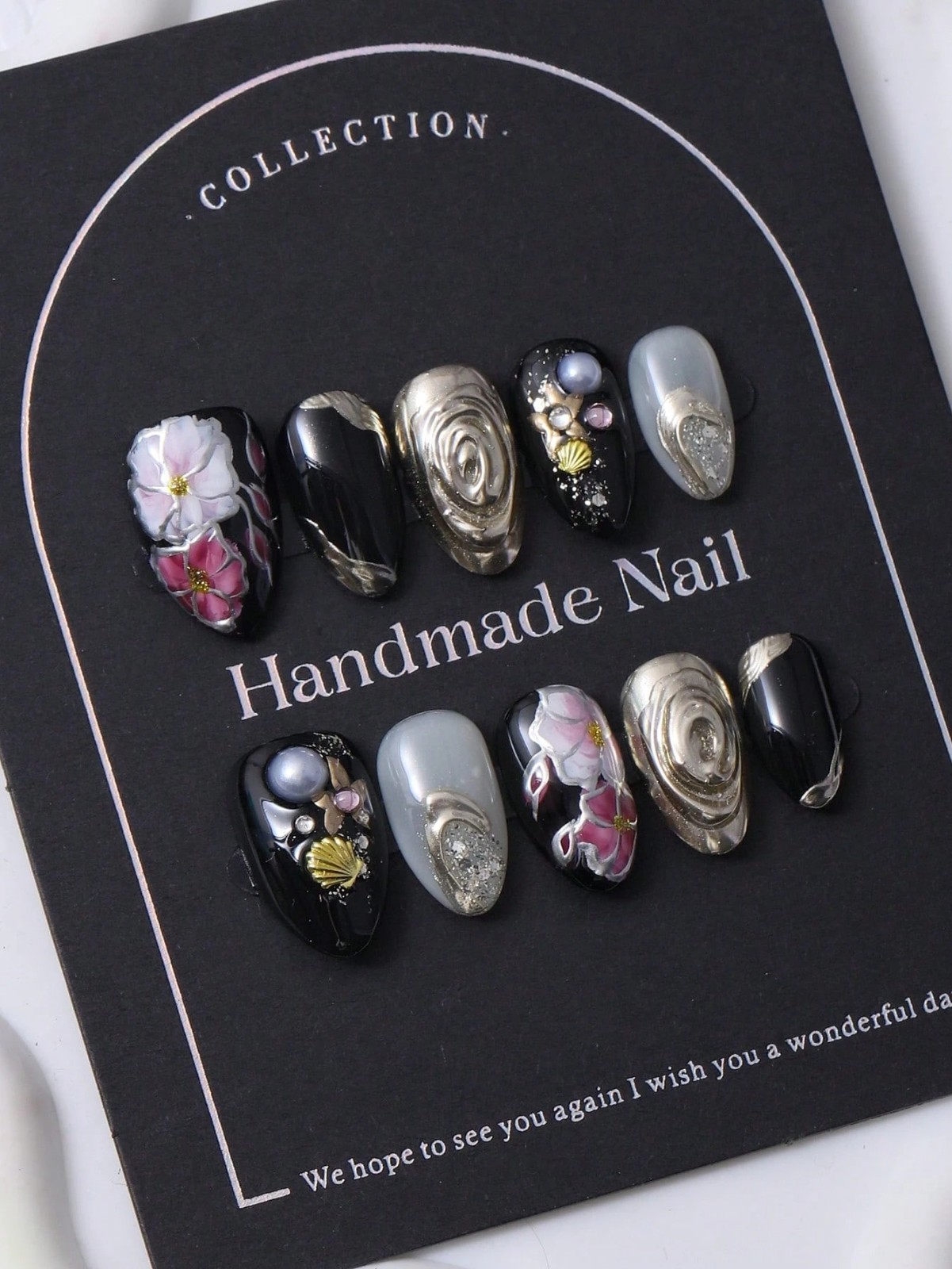 Handmade 3D Floral Metallic Press-On Nails | Black Grey Fake Nails