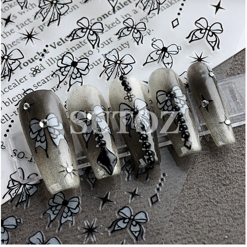 Silver Black 3D Nail Stickers Butterfly Knot Star Flower Transfer Decals NH6
