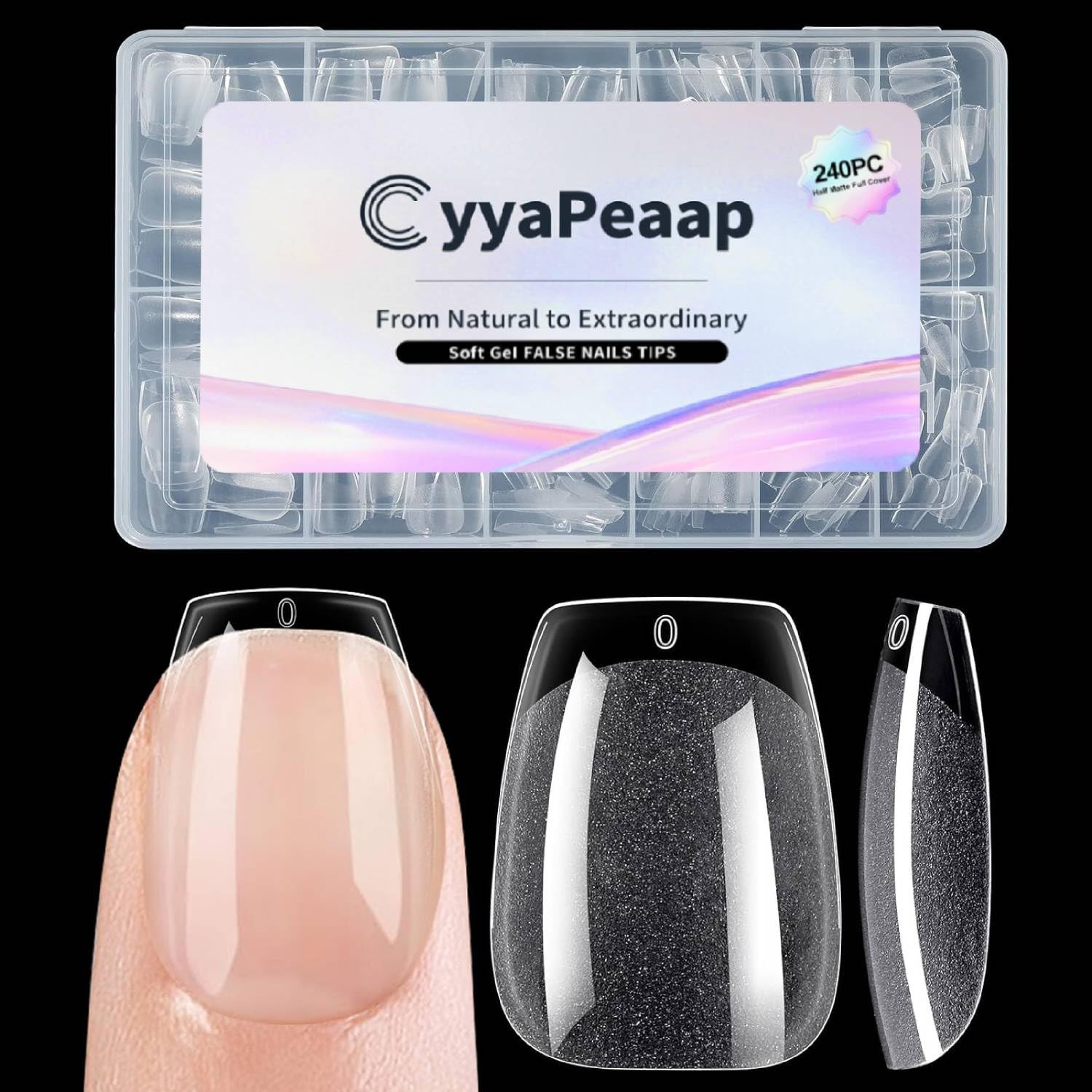 CyyaPeaap Short Coffin Nail Tips 12 Sizes 240Pcs Soft Gel PreShaped Nails, H…