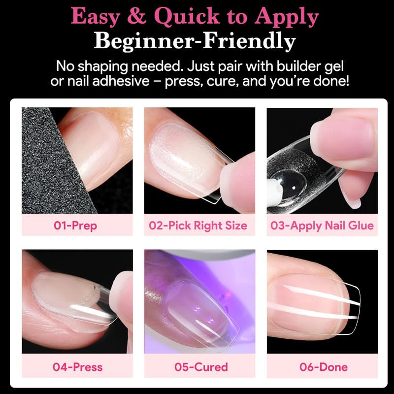 Extra Short Square False Nail Tips, 15 Sizes 510 PCS Clear French Press on Fake