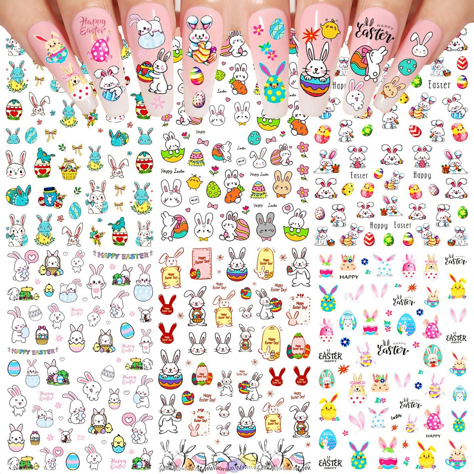 COKTAK 6 Sheets Easter Nail Art Stickers Decals 3.74×2.56 Inches, Colorful