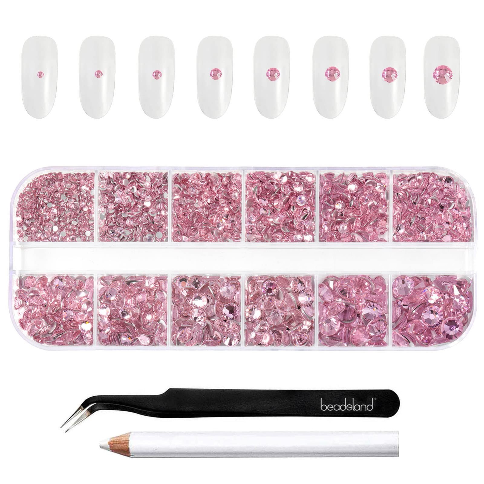 2500pcs Pink Flatback Rhinestones for Makeup & Crafts, 8 Sizes with Tweezers & W