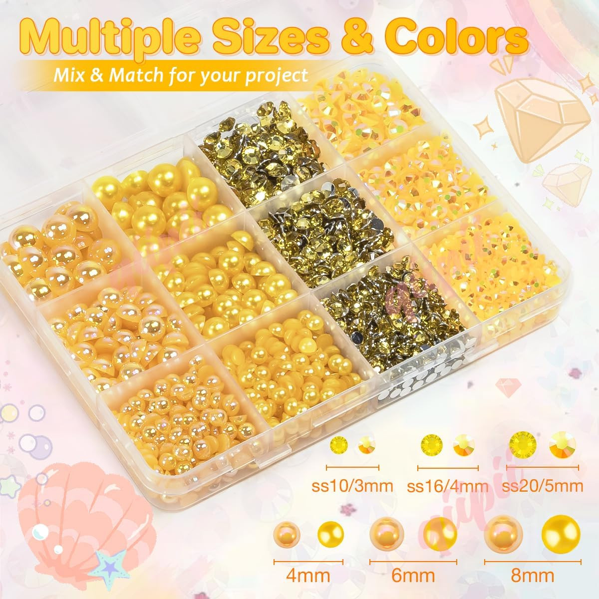 Orange Yellow 3Mm-8Mm Flatback Pearls and Rhinestones for Bedazzling Crafting Ha