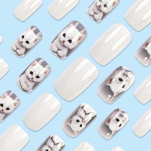 White Square Cute Cat Nails – Medium Square Cute Cat Press on Nails W6