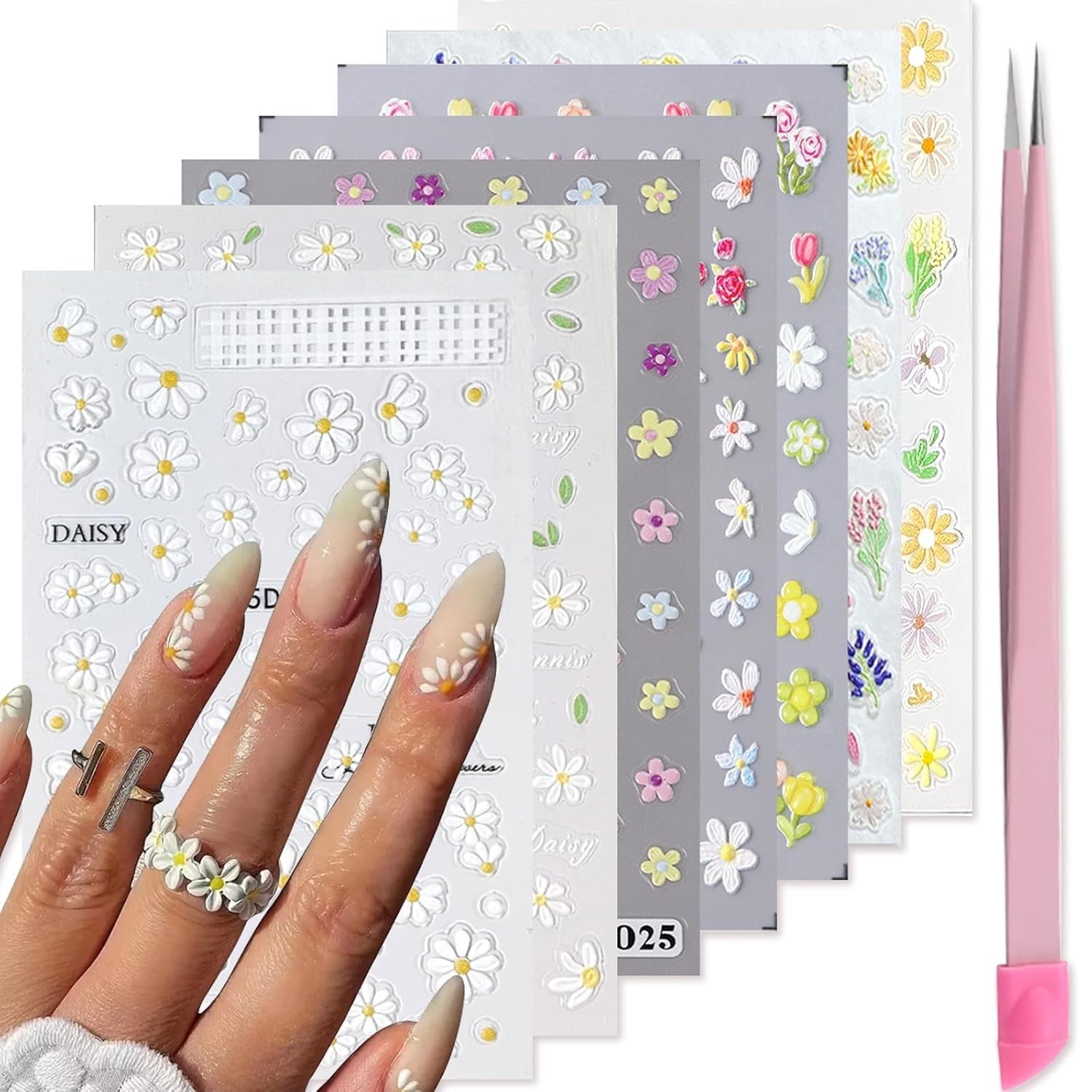 Personalized Nail Art Made Easy – 7 Sheets of Floral 3D Stickers with Tweezers