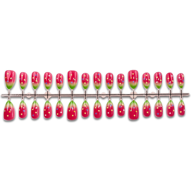 60 Pcs Watermelon Gradient Glitter Oval Press on Nails, Fresh Summer Fake Nails