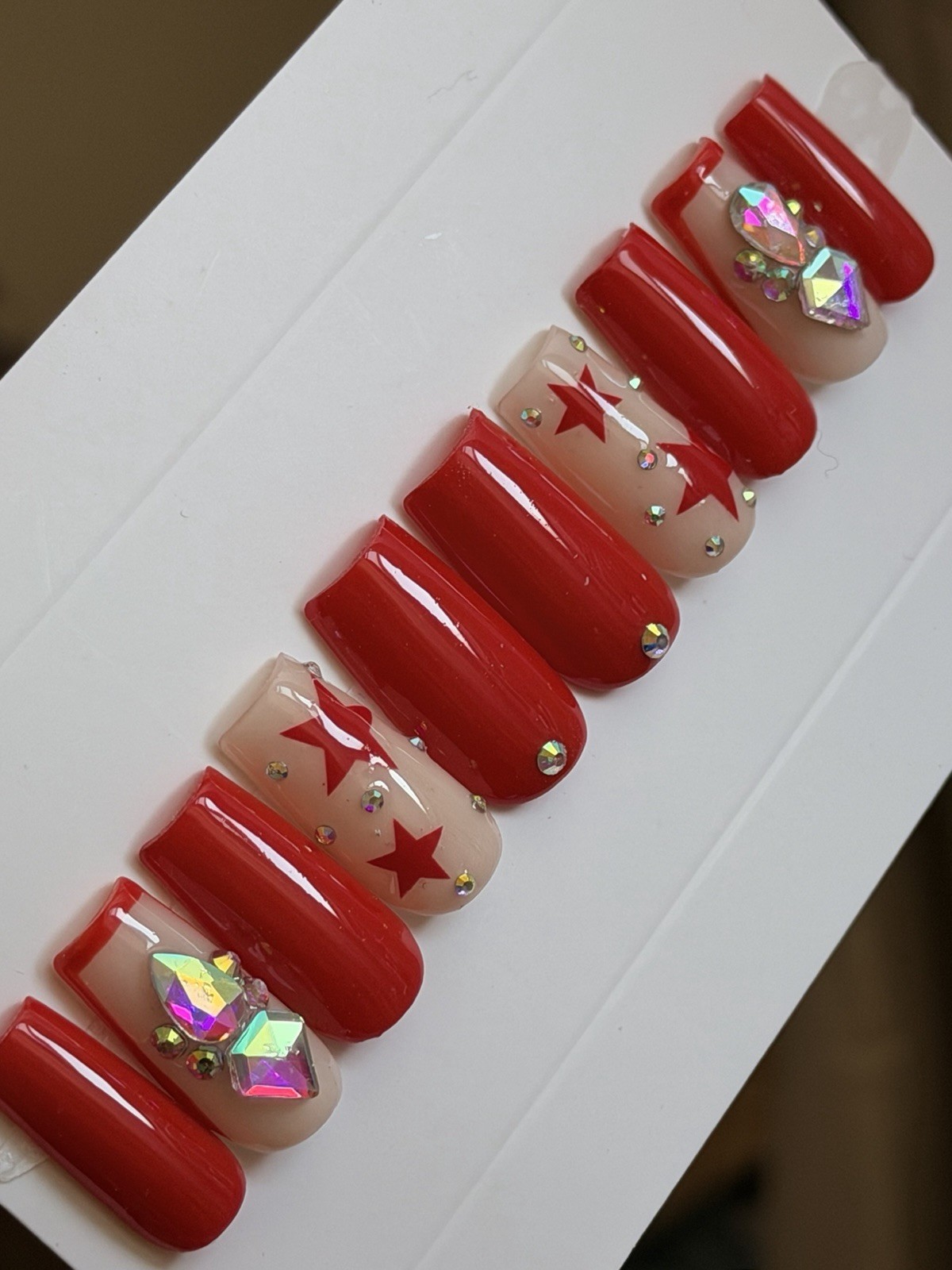 ✨ CUSTOM Press On Nails RED STAR BLING 10p SET W Kit