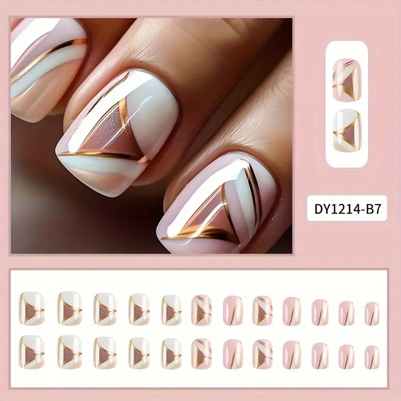 24 Pcs Glossy Short Squoval Press-On Nails with Golden Tips – Elegant Style