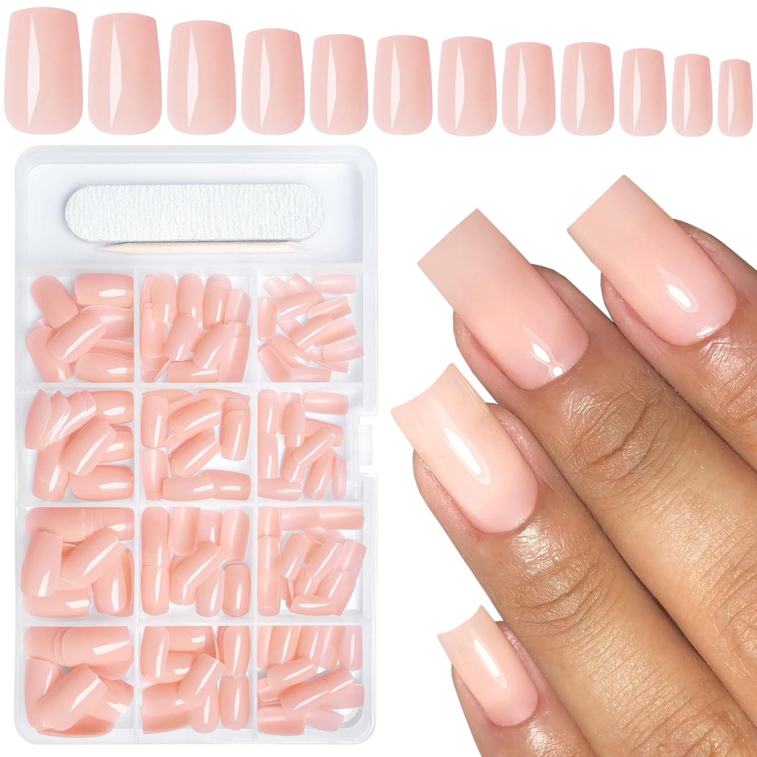 240Pcs Nude Pink Press on Nails Medium Square Fake Nails, Glossy Acrylic