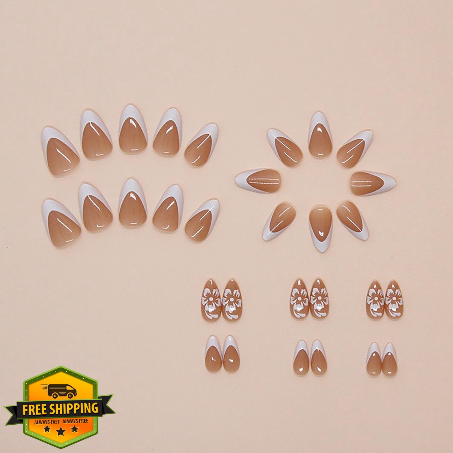 SWEKKE Almond French Tip White Flower Press on Nails