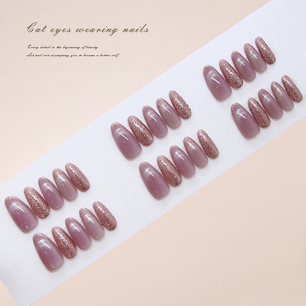 Cat Eye Press On Nails Purple Medium Almond False Nails with Glitter 30