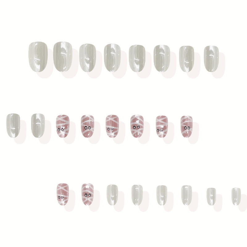 48Pcs-Short Oval Milky White Mummy Ghost Simple Halloween Press on Nails