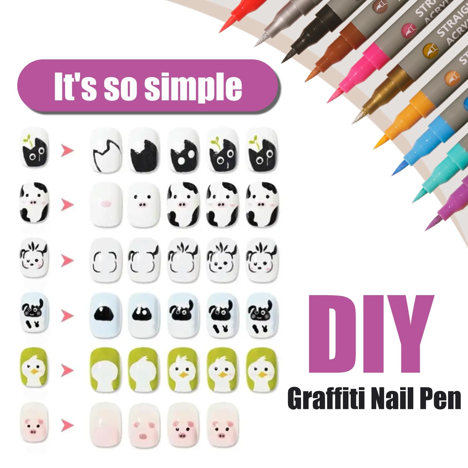 12 Colors Water Based Nail Art Pens, Quick-Dry 3D Nail Polish Liner Pens with…