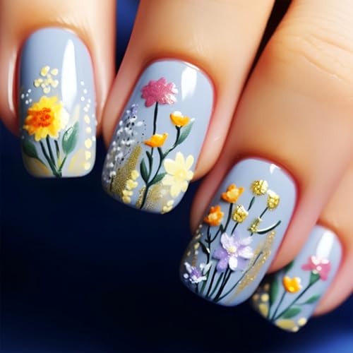 Blue Press on Nails Short Square Acrylic Full Cover False Nails Wild Flower