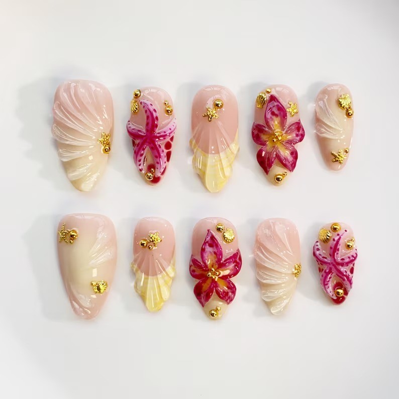 Handmade Holiday Starfish Yellow Flower Summer 3D Gel Press On Nails