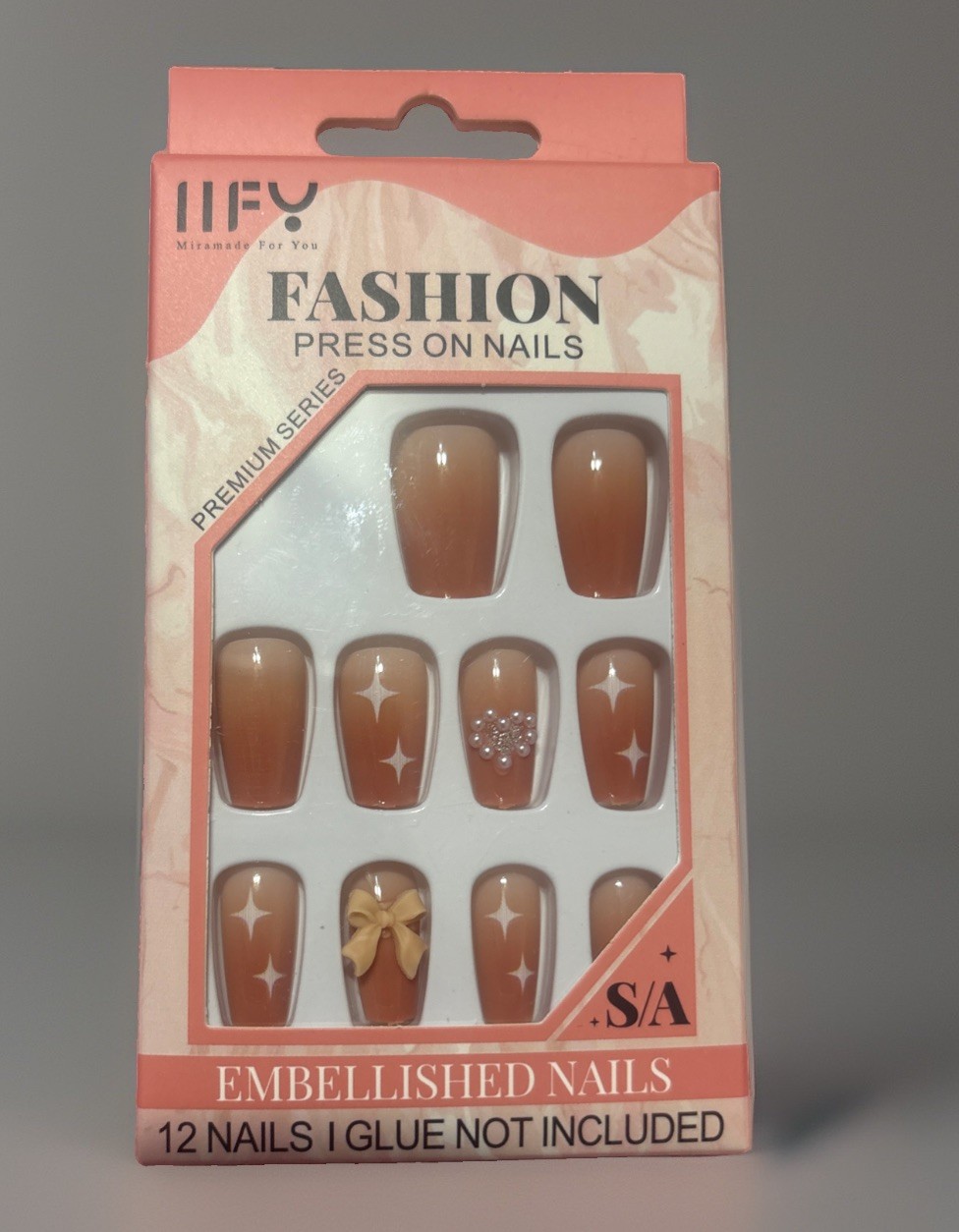 IIFY Press-On Nails Pink Shiny Almond Full Set Heart Bow 12 Pcs No Glue NEW