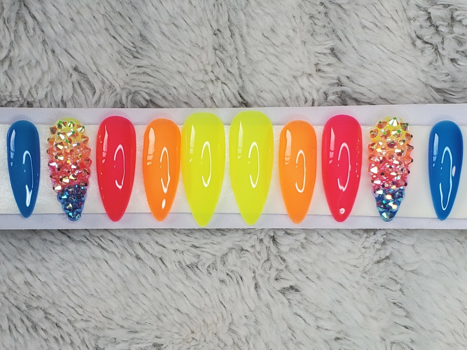 Bright Neon Rainbow ombre bling nails w/ crystals Press On jelly nails stiletto