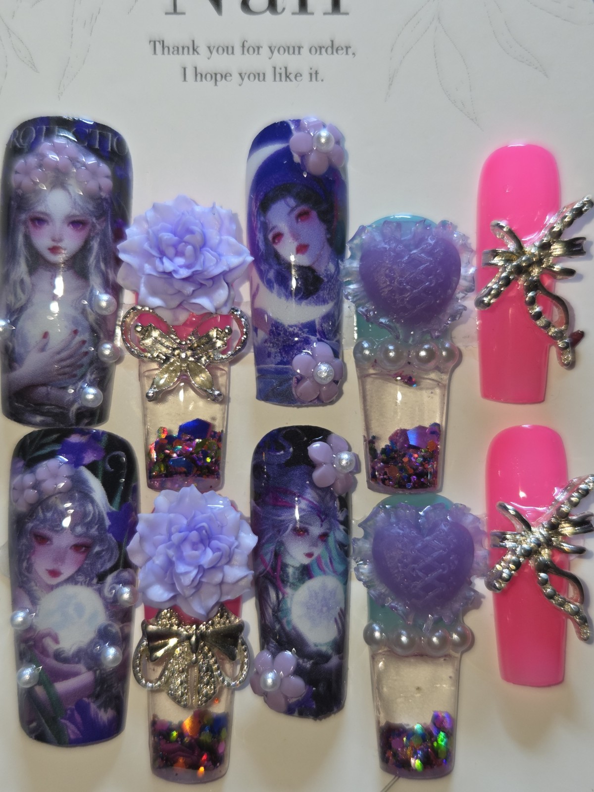 Press-On Nails Handmade Medium Short Square Hot Pink, Purple, Anime, Lady, Aqua