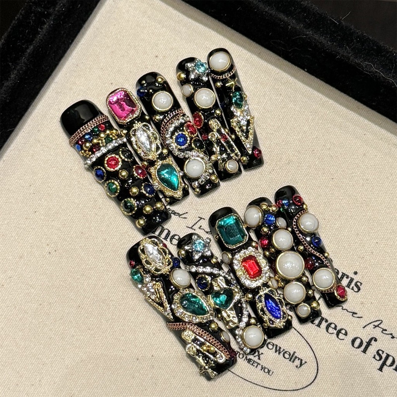 10PC Handmade 3D Nail Rhinestone Multicolor False Nail Long Square Press On Nail