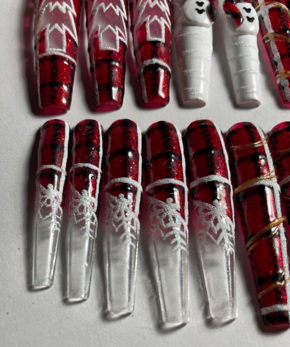 press on nails custom 24 3XL Christmas tree snowman 3-D coffin plaid red sparkle