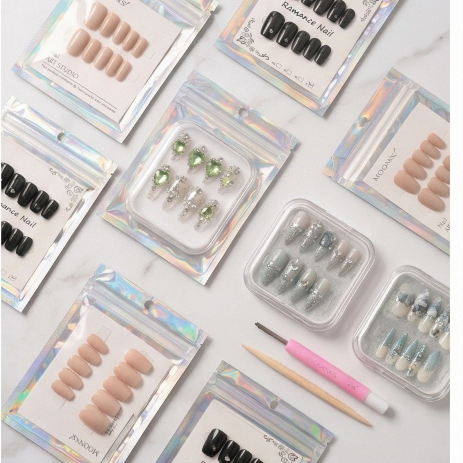 Assorted Nail Art Set with Green, Nude and Blue Silver Designs w/ Nail Kit