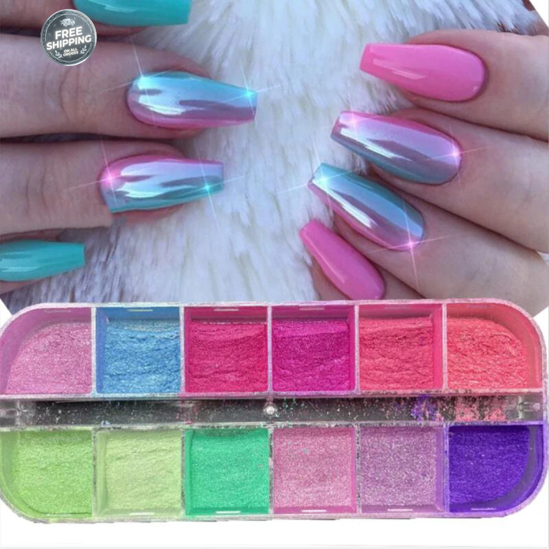 12 Grids Mirror Effect Mermaid Nail Powder Holographic Pearl Chrome Pigment Fine