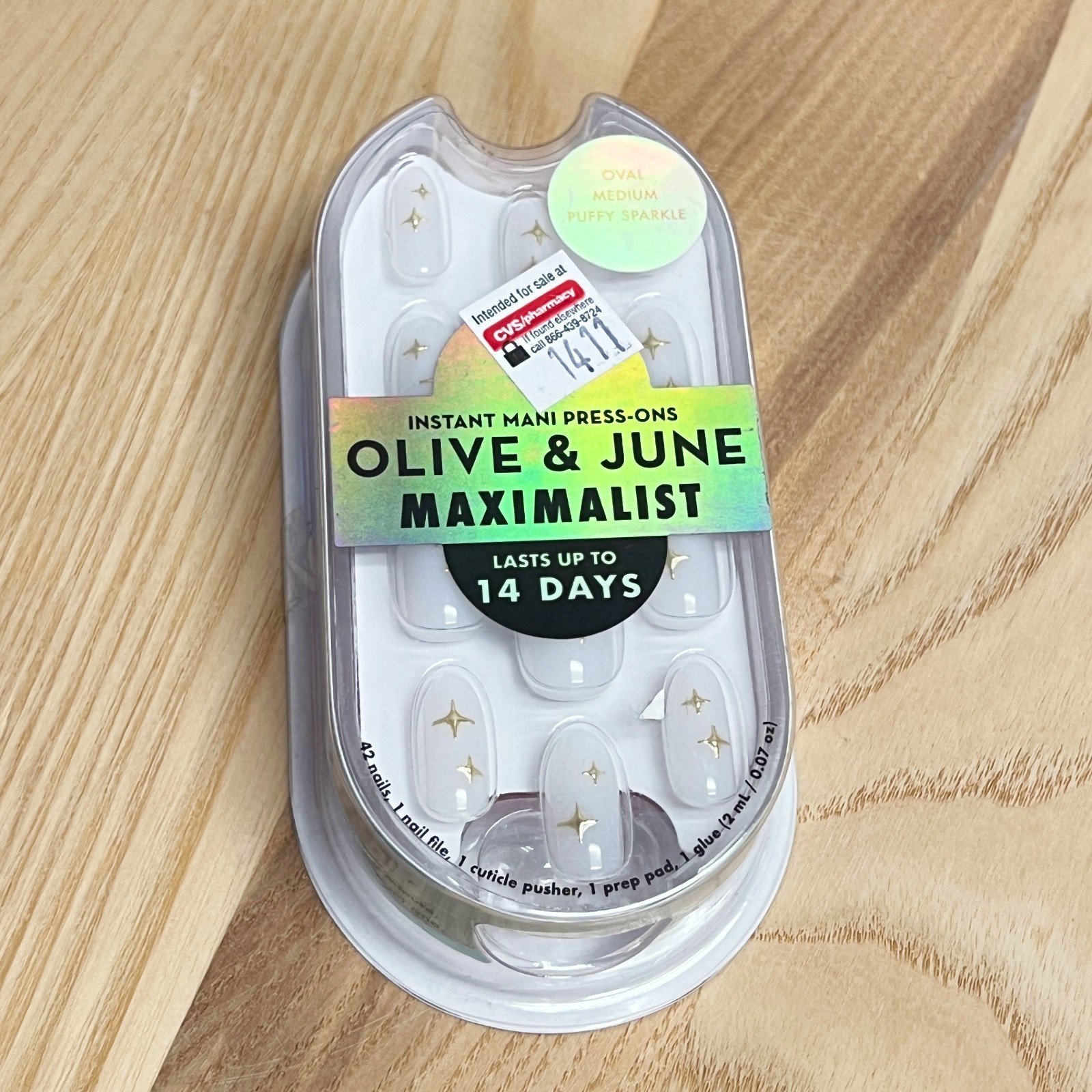 3X Olive & June Medium Oval Press-On Nails Puffy Sparkle Milky White & Gold NEW