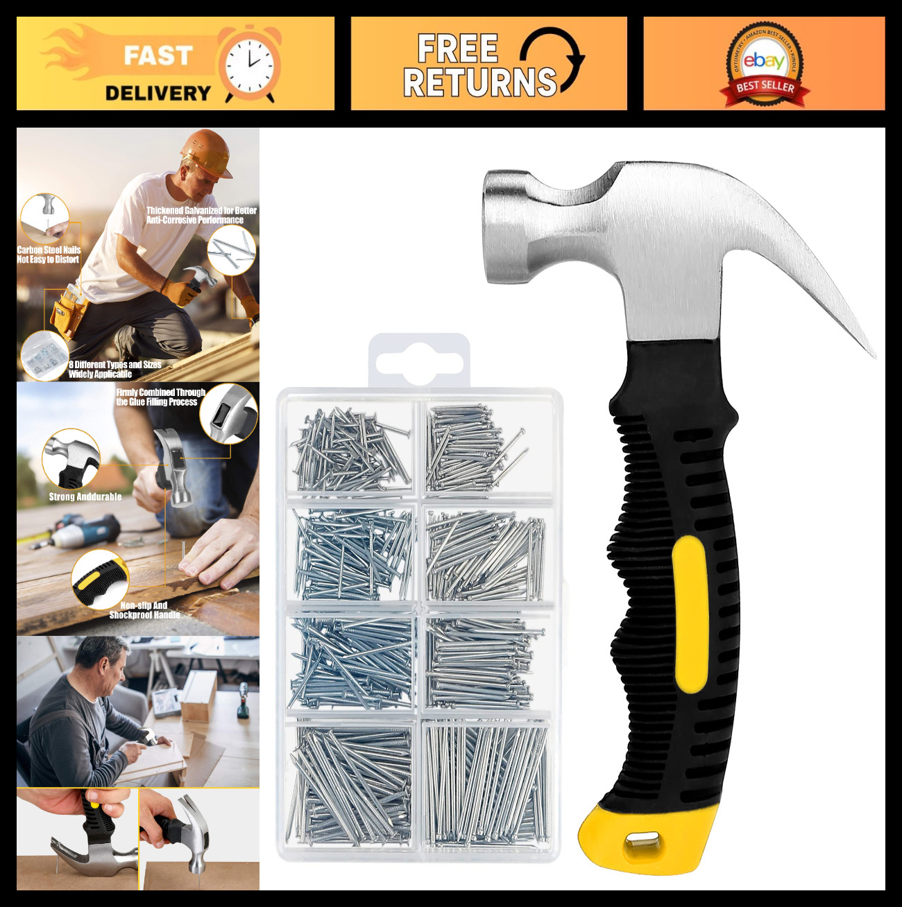 700PC Nail Assortment Kit with 8oz Hammer – Wall Art, Picture Frame, Roofing & F