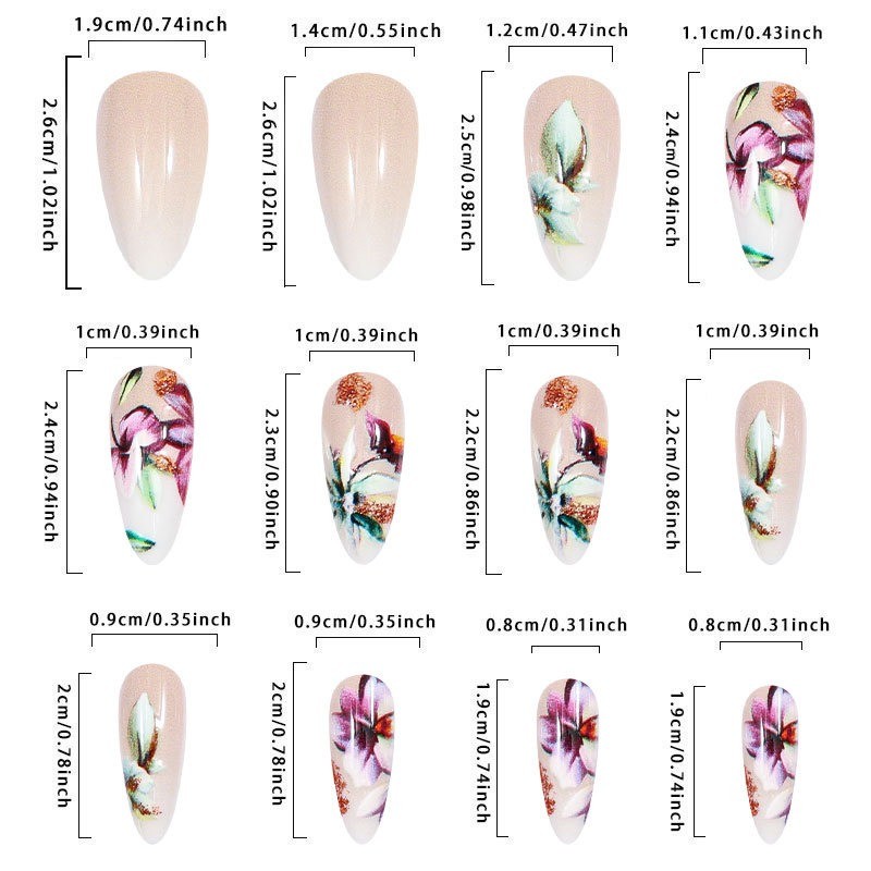 48PCS Oval Nude Transparent Purple Orchid Gold Reusable Fake Nail Art