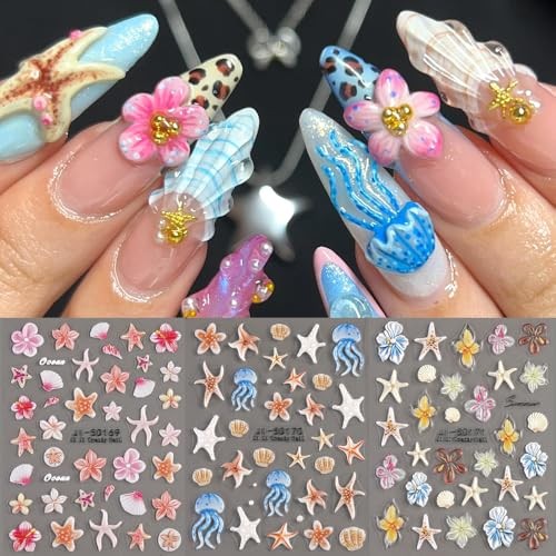 Ocean Life 5D Embossed Nail Art Stickers Decals, 5 Sheets Summer Ocean Life