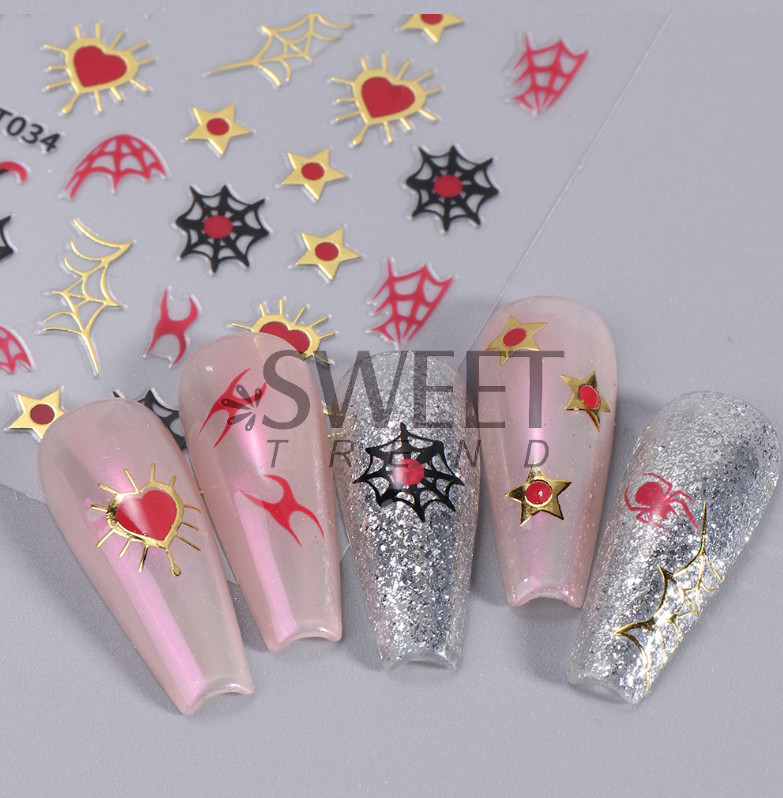 Halloween Nail Art Stickers Black Red Spider Web Blood Star French Decals NH27