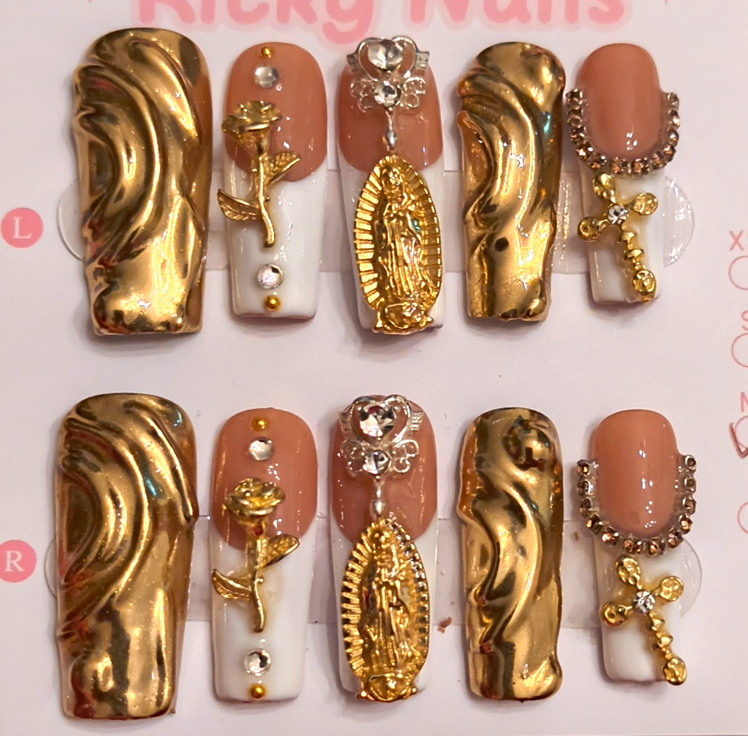 Ricky Nails Press-On Nails Medium Square Nude Gold White 3D Design