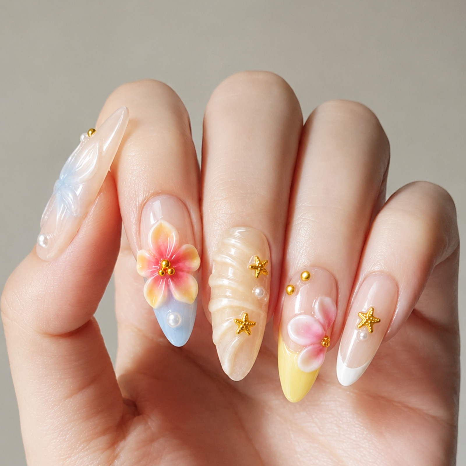 Handmade 3D Floral Press On Nails Pastel Beach Starfish Pearl Accent Set