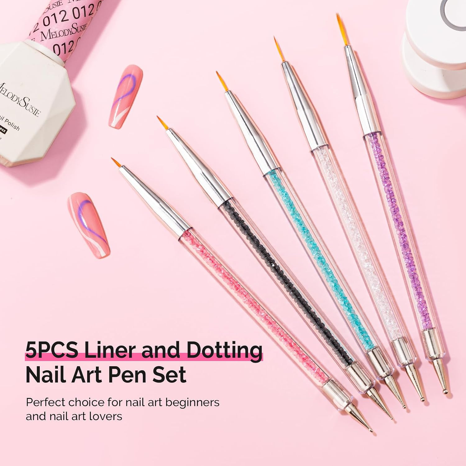 5 Pcs Nail Art Liner Brushes Dual Dotting Pen Set, for Long Lines French Tips Na