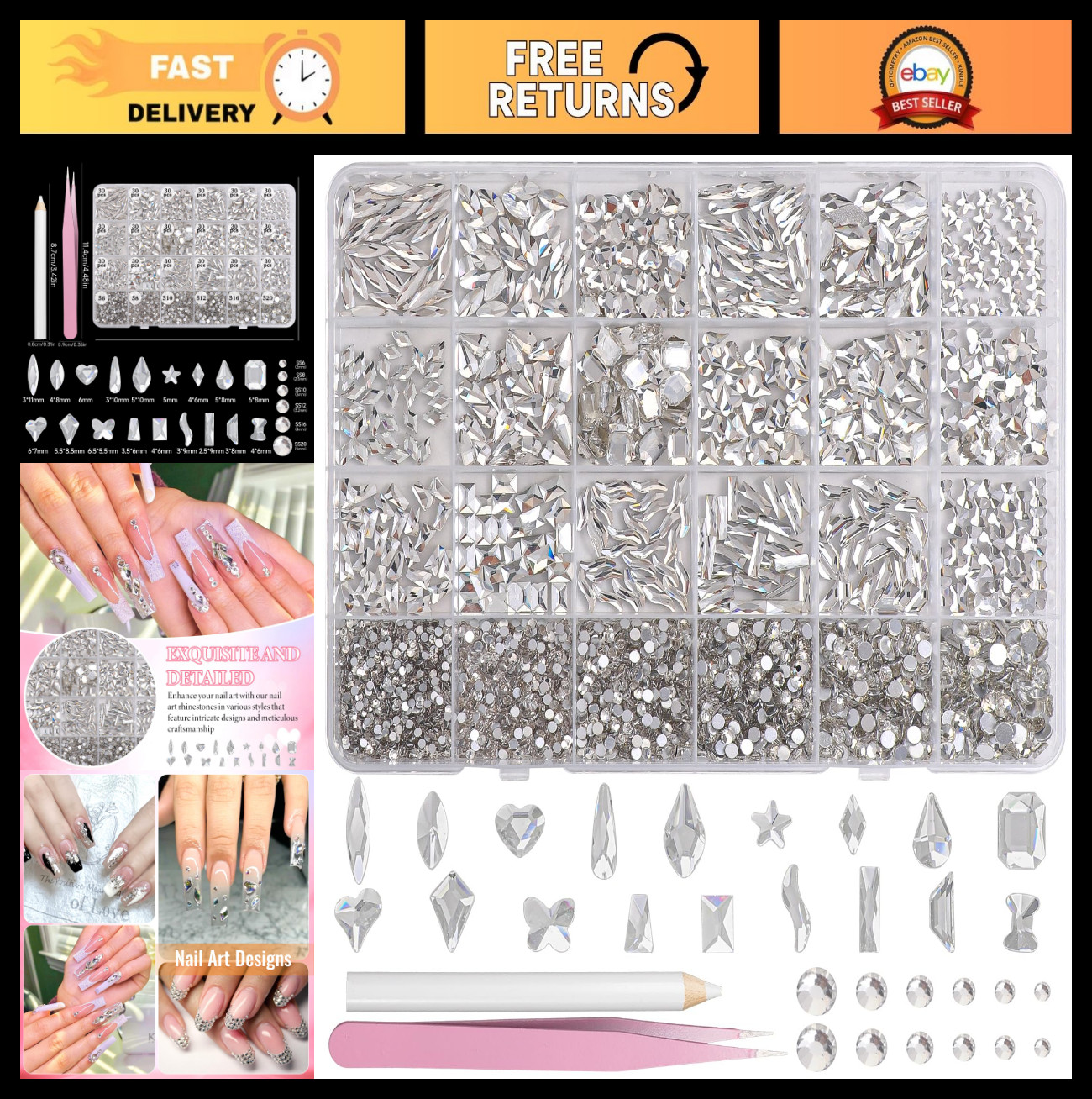White Nail Art Rhinestones Kit – Multi Shapes & Sizes Flatback Gems for DIY Nail