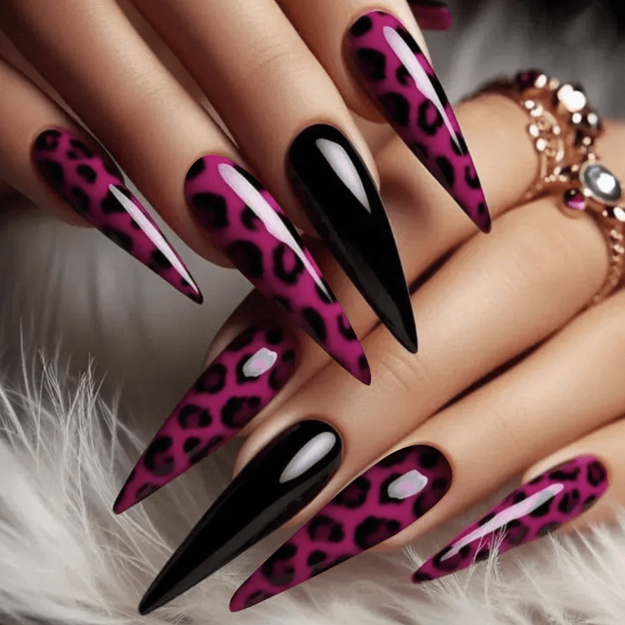 48pcs Stiletto Press on Nails, Hot Pink Leopard Print Solid Black Trendy Nails