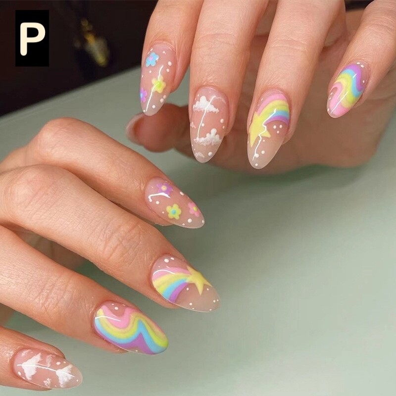 12 Boxes Flower Star French Tip Long Almond Press On Nails (Wholesale)
