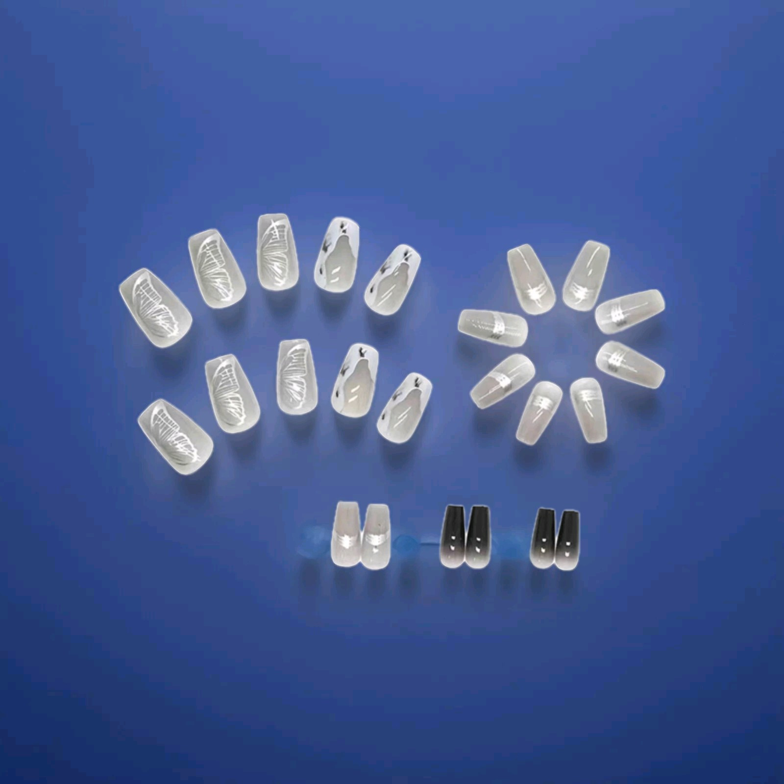 Long Black & Grey Butterfly Press On Nails 24 Pieces