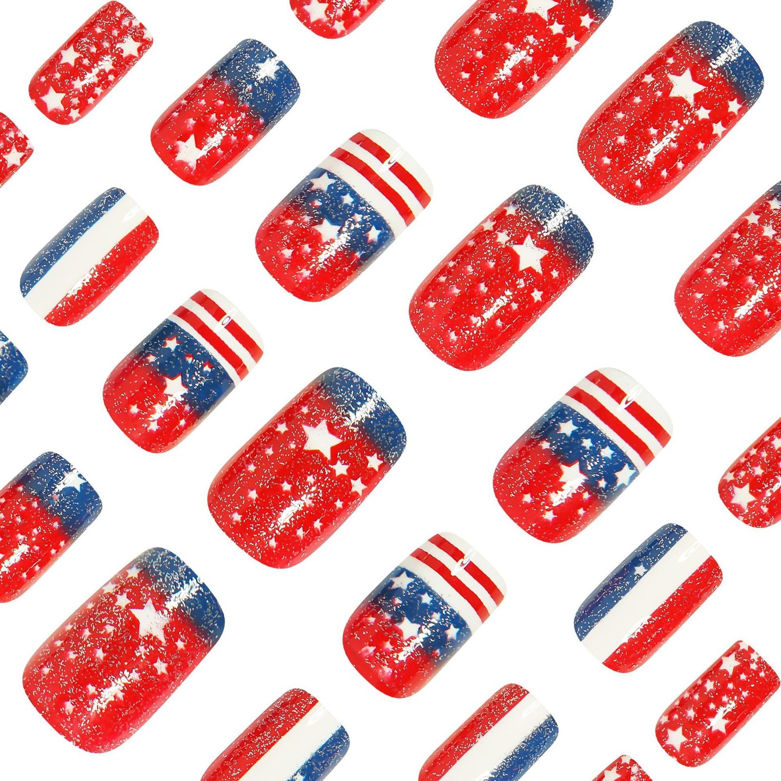 4th of July Five-pointed Star Press on Nails Short Square Multicolor