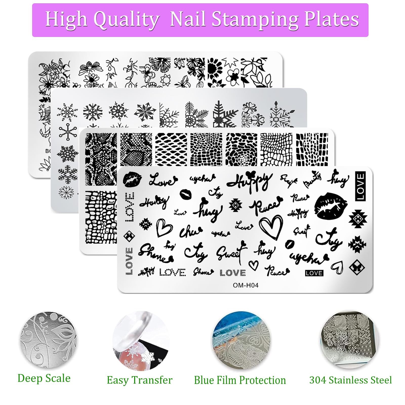 Nail Stamper Plate Kit, 4x Nail Stamping Plates +Dual-end Silicone Nail Art S…