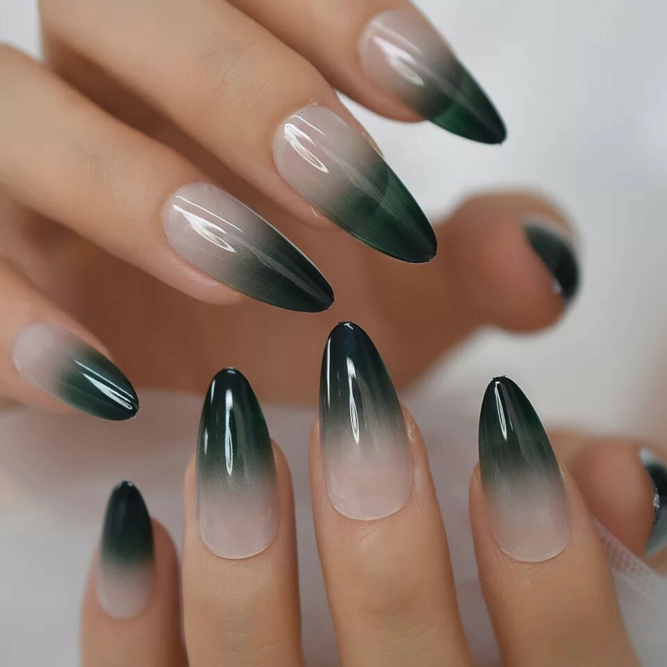24 Ombre Green Press On Nails w/ Glue Nude Dark pointed almond stiletto goth