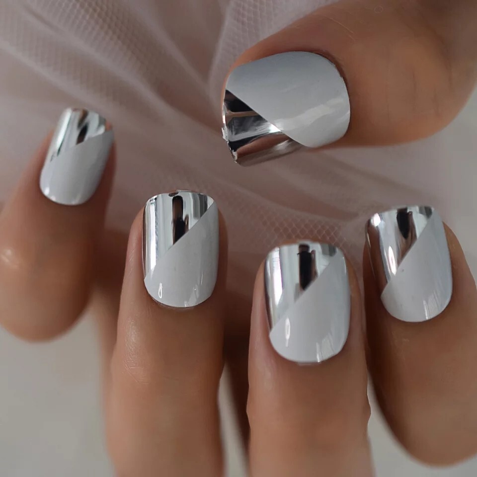 24 Short Silver White chrome Press on nails set with glue shiny metallic mirror