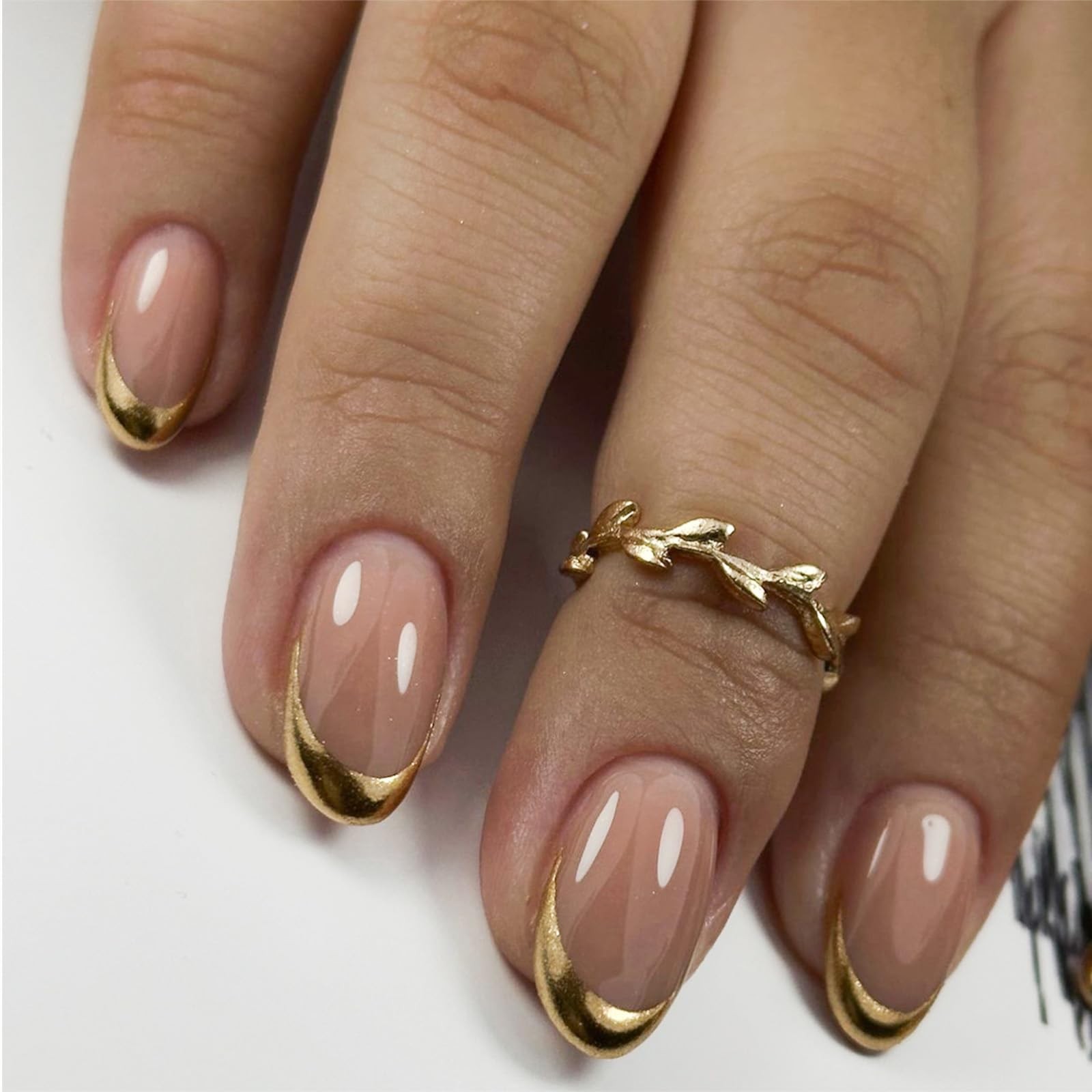 Gold French Tip Press on Nails Short Almond Fake Glossy Short, Style 8