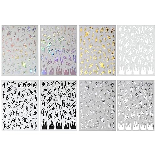 8 Sheets Irregular Flame Nail Art Stickers – Metallic Silver, Black, White,