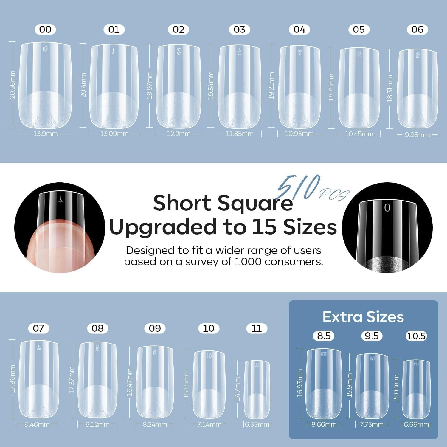 Nail Gel Kit with 15 Sizes Short Square Tips, 9-in-1 Glue, LED Lamp & 510 Pcs Pr