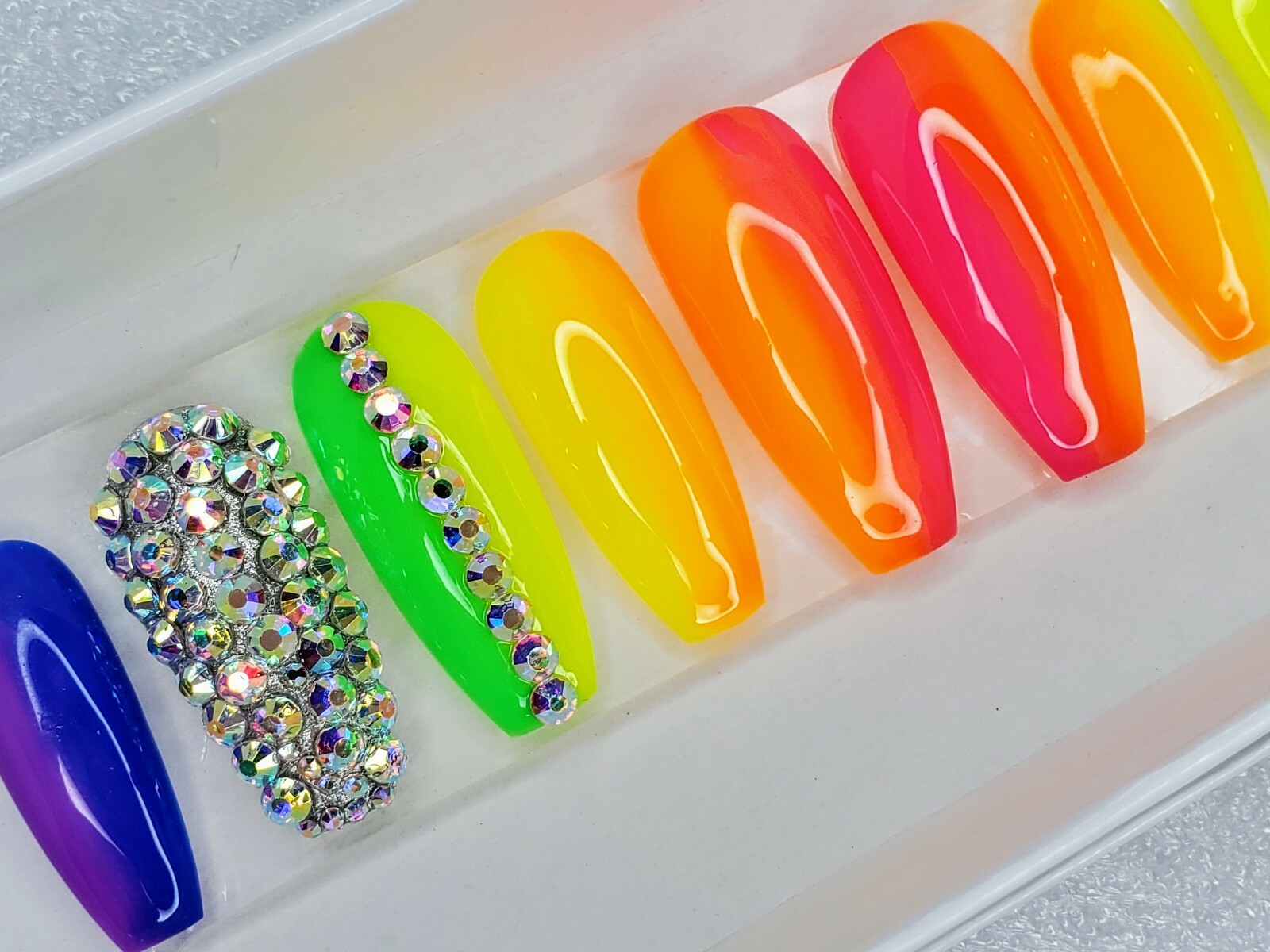 Neon Rainbow bling nails crystal pride set Press On nails diamond long coffin