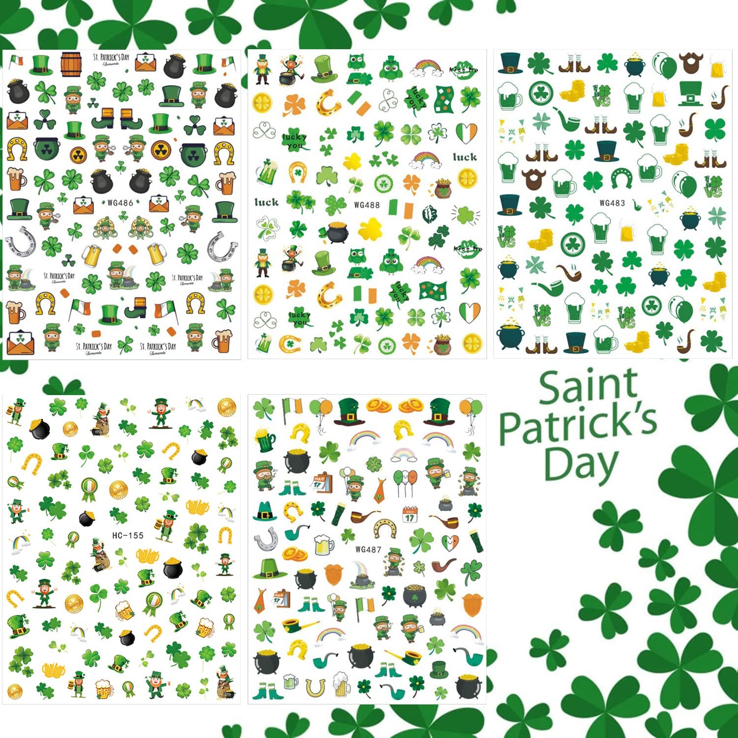 St Patricks Day Nail Art Stickers 3D Shamrock Nail Decals Green Clover Nail S…