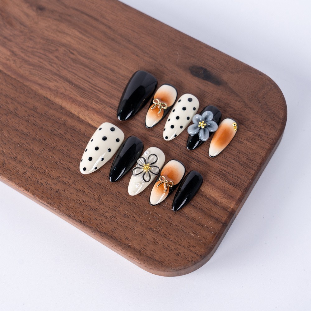 10pcs Black White Brown Almond Nails 3D Polka Dot Flower Unique Design